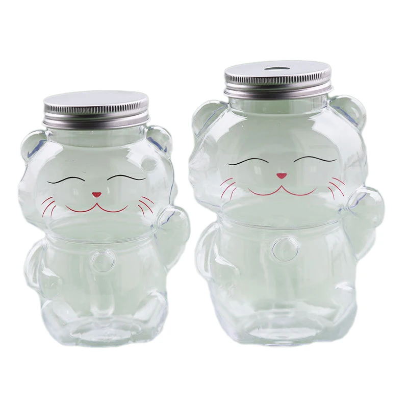 350/500ml Food Grade PET High Transparency Lucky Wealth Cat Milk Tea Coffee Juice High Aesthetic Plastic Empty Bottle