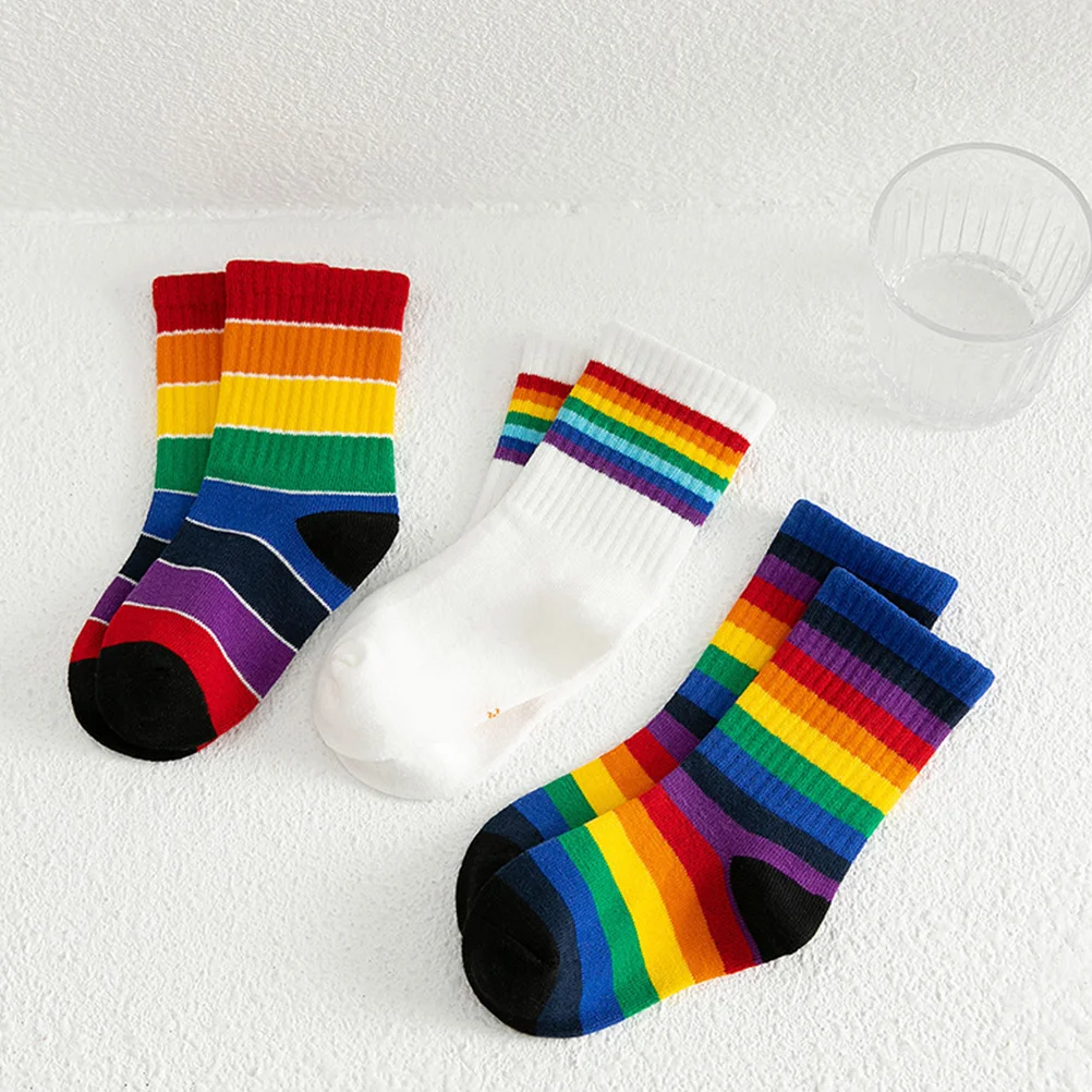 

3 Pairs Kids Cotton Socks Rainbow Stripe Middle Length Soft Breathable Elastic Durable Bright Colors Fashionable Ideal Gift Four