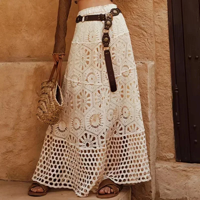 2026 New Summer Women's French Style Lace Spliced A Line Skirt Hollow Crochet High Waist Midi Skirt Vacation Style