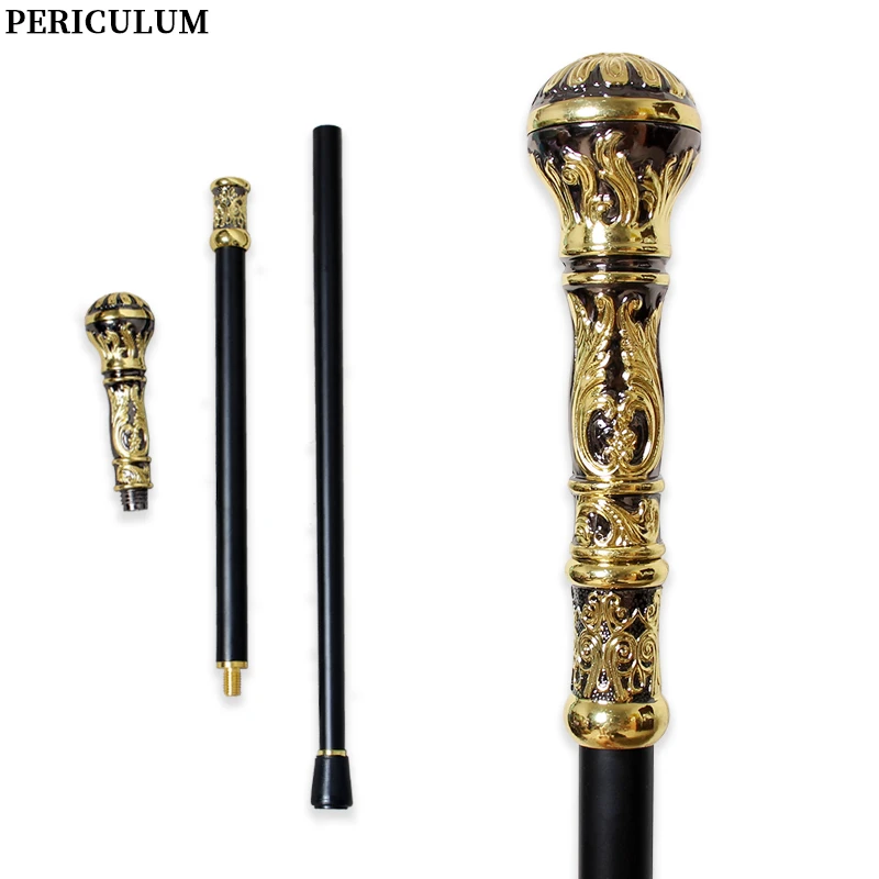 Black Gold Embossed Victorian Walking Cane with Detachable Round Handle Vintage Walking Stick Cosplay Prop for Men And Women