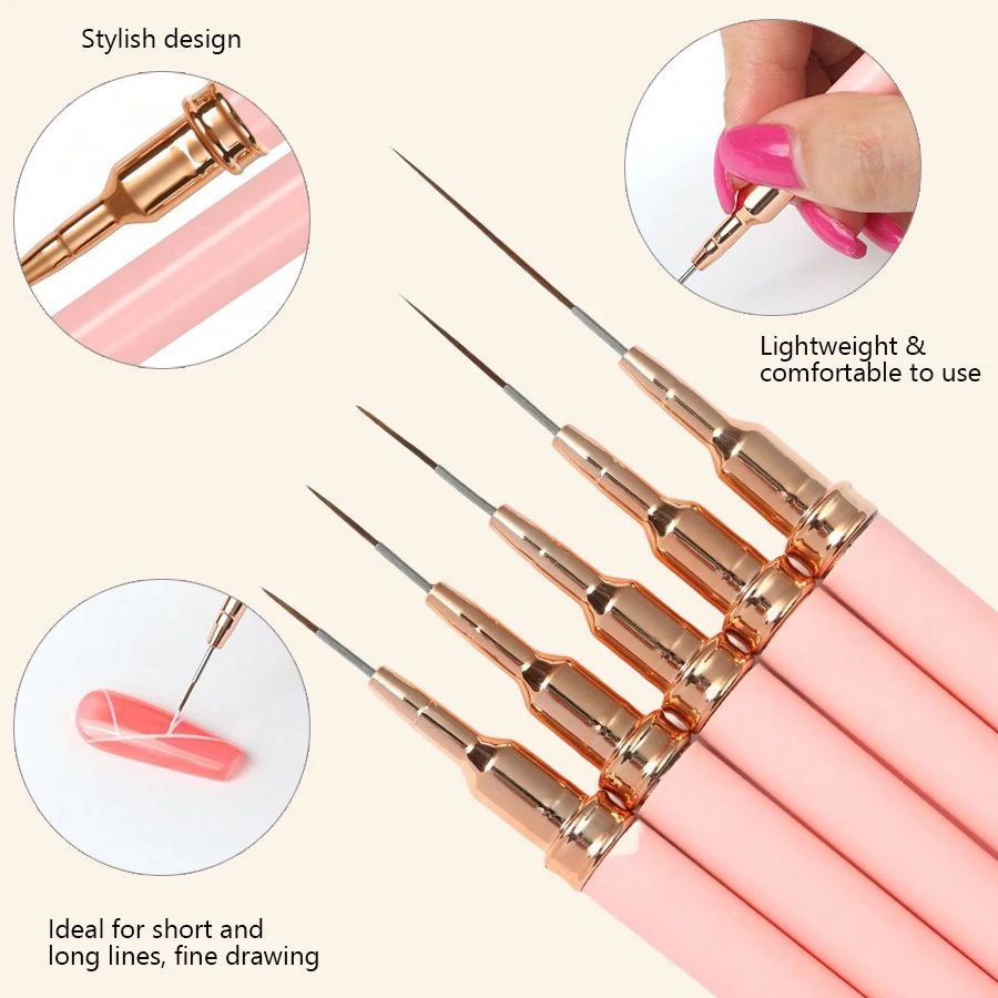 5-teiliges Nail Art Liner-Pinsel-Set für Acryl-Gel-Nagellack, französische Streifen, Strichlinienmalerei, Zeichnung, Blumenstift, Maniküre-Werkzeug – Detail 5