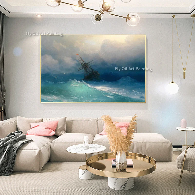 

100% Hand Painted Classical Sailing Ship Oil Painting Seascape Ocean Wave Canvas Wall Art Nautical Pictures for Home Office Deco