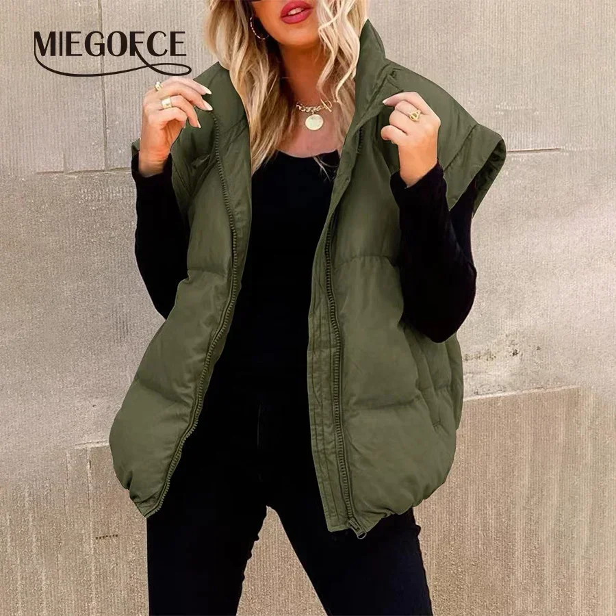 MIEGOFCE Solid Color Zipper Pocket Cotton Coat Vest Fashion Stand-Up Collar Parkas Temperament Commuter Women Jacket Outerwear