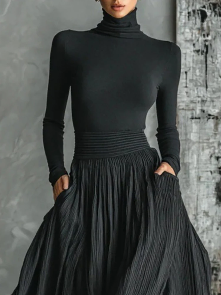 

Women‘s Casual Turtleneck Maxi Dress Long Sleeve Knit Top High Waist Crinkle Pleated Split Flowing Hem Streetwear Chic Dresses