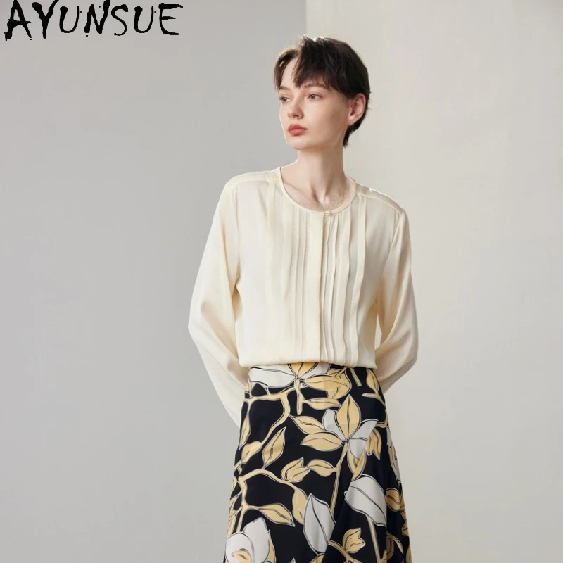 

AYUNSUE Mulberry Silk Blouse for Woman Office Blouses Long Sleeve Top Commuter Blouse Clothes for Women Blusas De Mujer 2025