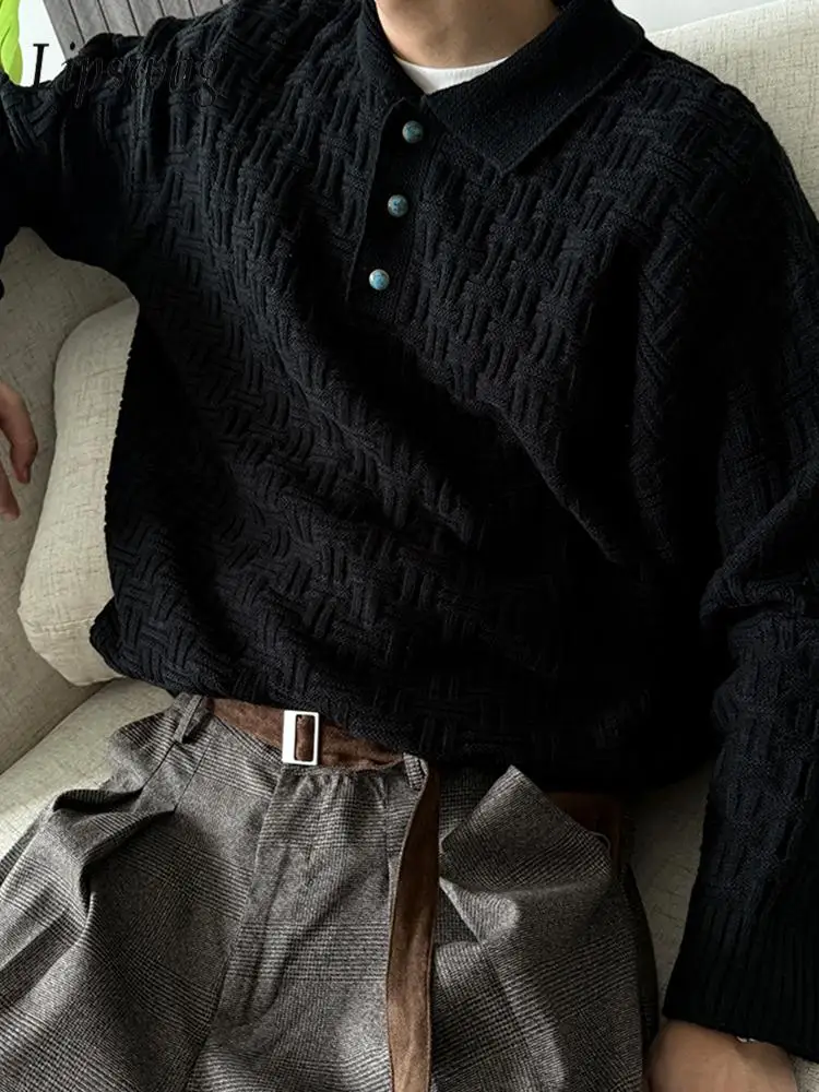 

Old Money Aesthetic Mens Polo Shirts 2026 Spring Stylish Jacquard Long Sleeve Polo Shirt Vintage Men Buttoned Lapel Knit Jumpers