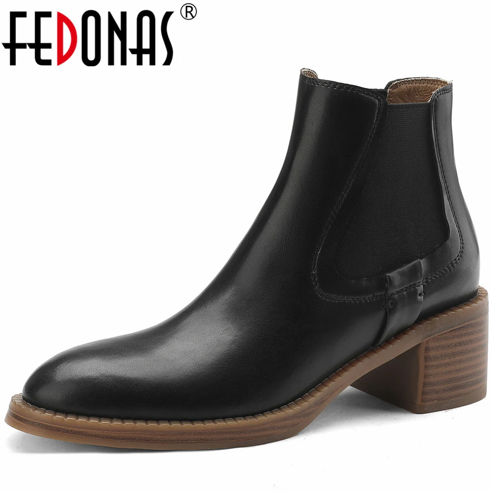 

FEDONAS Women Genuine Leather Ankle Boots Thick High Heels Basic Office Lady Working Shoes Woman Round Toe Casual Autumn Winter