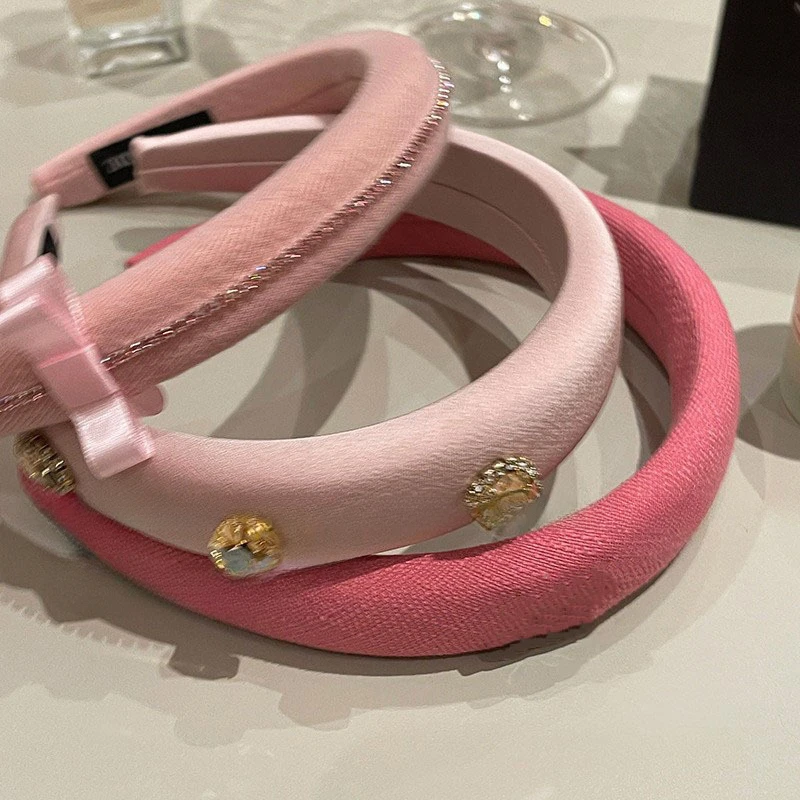 Diadema de esponja de arco en polvo de flor de cerezo, diadema de borde ancho superior craneal, accesorios para el cabello de moda coreana para mujer