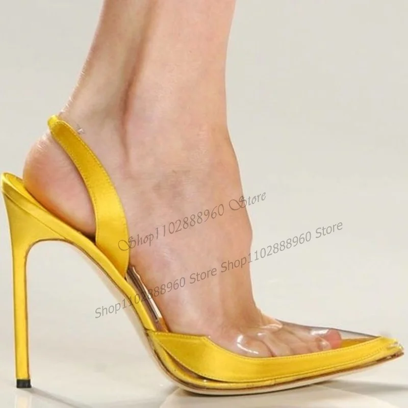 

Yellow PVC Satin Patchwork Sandals Cut Heel Stilettos High Heel Women Shoes Back Strap Pointed Toe 2023 Sexy Zapatos Para Mujere