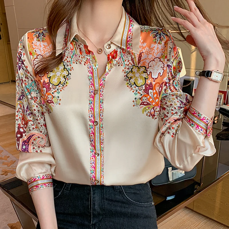 Jesienne koszule z długim rękawem Casual topy moda wiosenna damska bluzka z kwiatowym nadrukiem topy koszule damskie ubrania Blusa eleganckie 18440