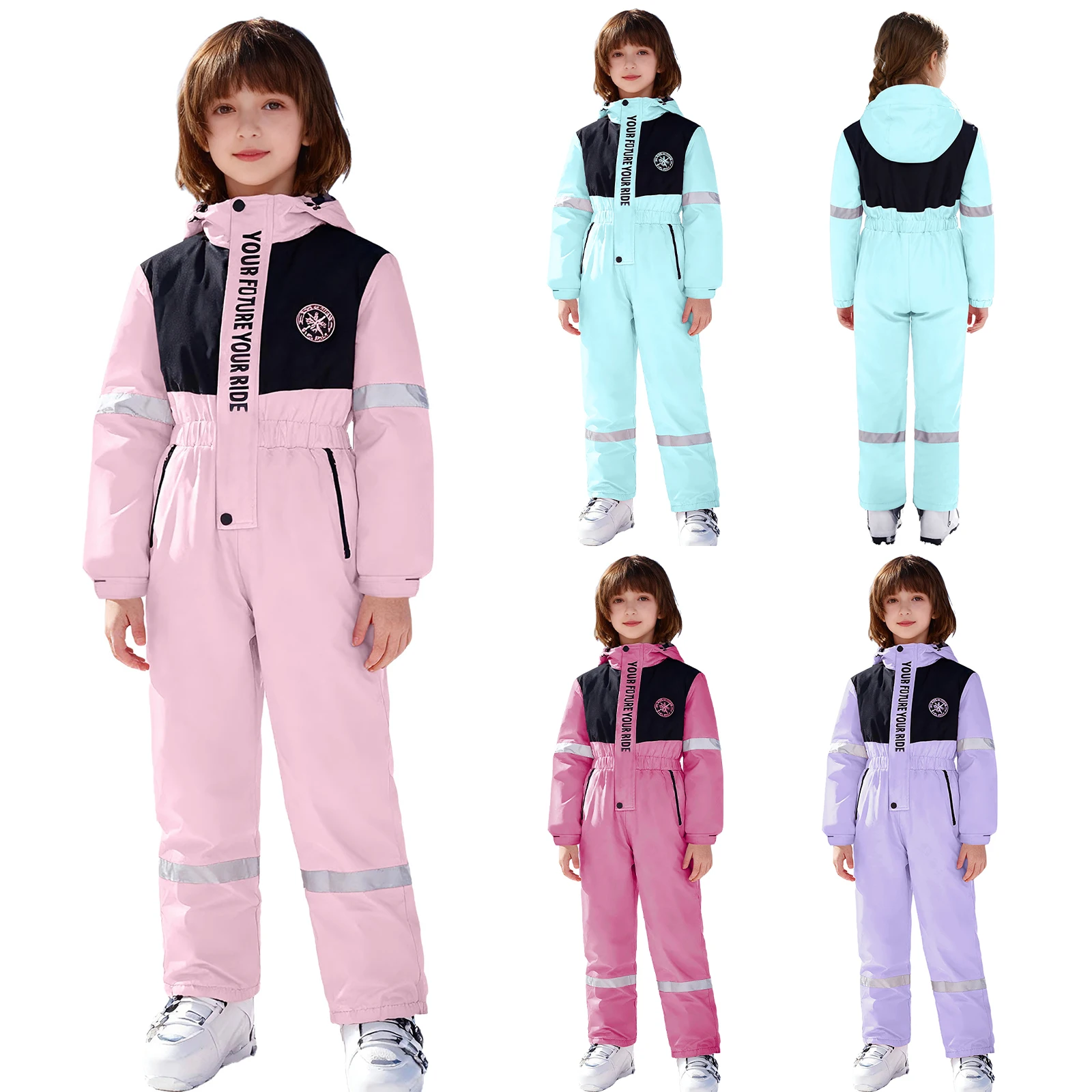 キッズガールズボーイズ反射ストリップスノースーツレタープリントスキーフード付きジャンプスーツ長袖スタンドカラー防水ボディスーツ