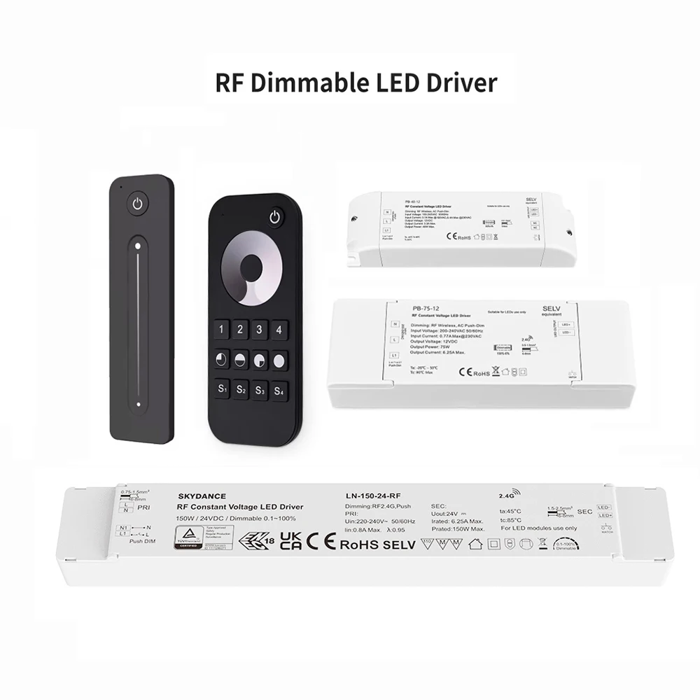 Skydance 40W 70W 150W Dimmable LED Driver RF Remote AC Push-dim Lighting Transformer Dimmer Power Supply For LED Strip DC12V 24V