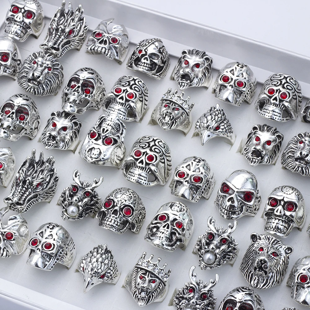 

20 Pcs/Lot Gothic Skull Rings for Men Women Metal Rock Punk Crystal Totem Dragon Lion Head Designer Jewelry Accessories Anillos