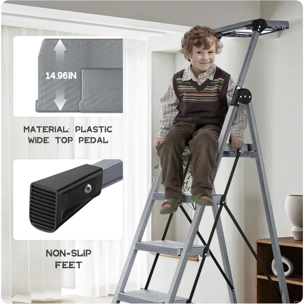 Escalera de 5 escalones, escalera de taburete plegable con pasamanos y bandeja, pedales anchos resistentes de 660 libras, plegable de acero resistente L