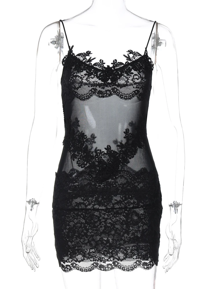Fantoye Patchwork Sexy Durchsichtig Spitze Frauen Mini Kleid Schwarz Spaghetti Strap Blumen Kleid Sommer Dünne Elegante Party Clubwear