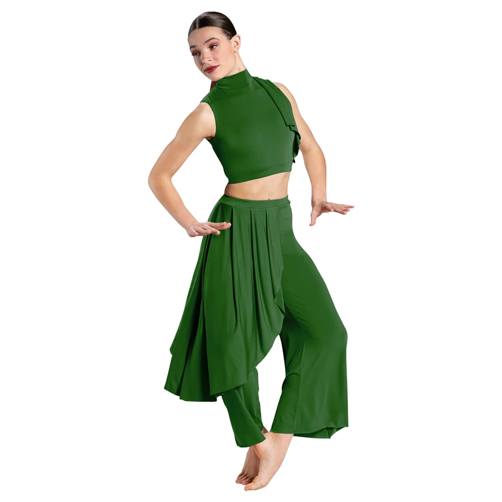 2ピースセット モダンダンスウェア ガールズ レディース クロップトップ ワイドレッグパンツ コンテンポラリーダンス ステージパフォーマンス ショーコスチューム