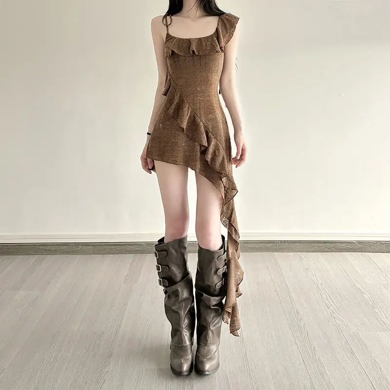 

Summer Streetwear Irregular Ruffled Slip Dress Y2K Aesthetic Bodycon Mini Vestidos Harajuku Vintage Grunge Bandage Woman Dresses