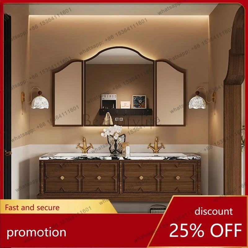 blackrock slab seamless ceramic basin French retro style floor-to-ceiling rubber wood bathroom cabinet