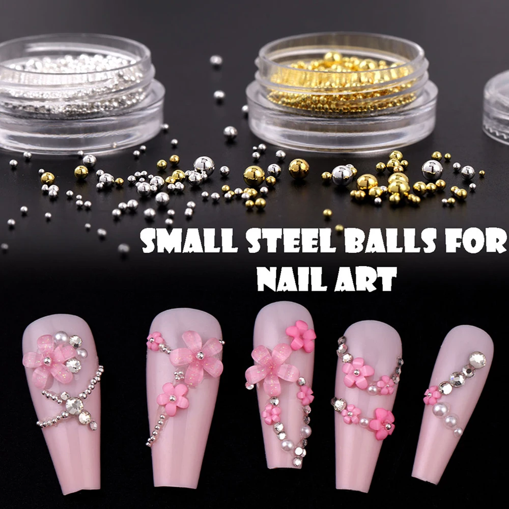 4箱入り3Dミックスアクリルフラワーネイルチャーム、ピックアップツール付き、ゴールドシルバーキャビアビーズネイルデコレーション、ハーフラウンドパール＆ダイヤモンドネイルパーツ