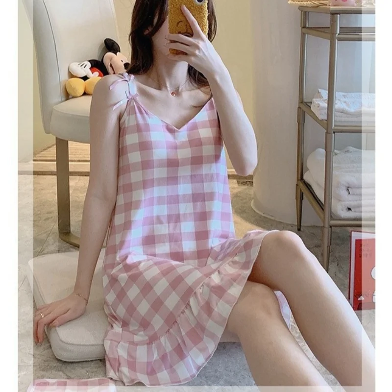 Gilrs Summer Suspenders One Piece  Slip Dress With Eyeshade And Brassiere Bow Cartoon Bear  Plaid Pajamas Thin Short Loose