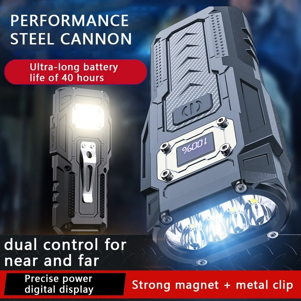 

Мощный светодиодный фонарик с дисплеем, перезаряжаемый через USB, с сильным магнитом, мощный боковой фонарь COB
