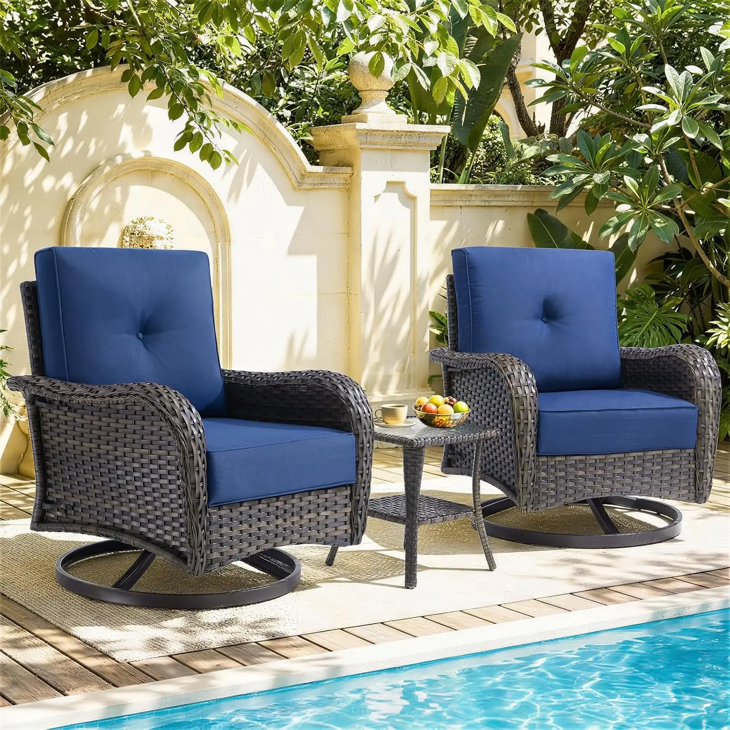 Outdoor Patio Swivel Rocker Chairs Set Of 2 With Side Table And Ottoman, All-Weather Wicker Rattan Patio Furniture, Customized
