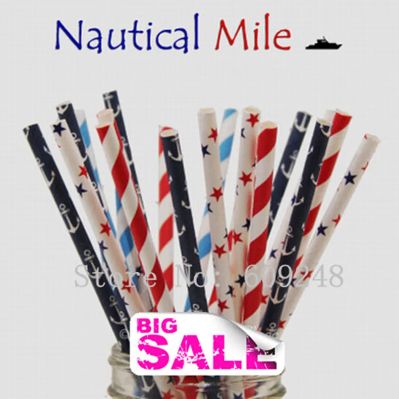 100 Pcs Mixed Colors NAUTICAL MILE Party Paper Straws,Navy Anchor,Blue and Red Stripe,Blue Red Star,Marine,Sailor,Patriotic,Bulk