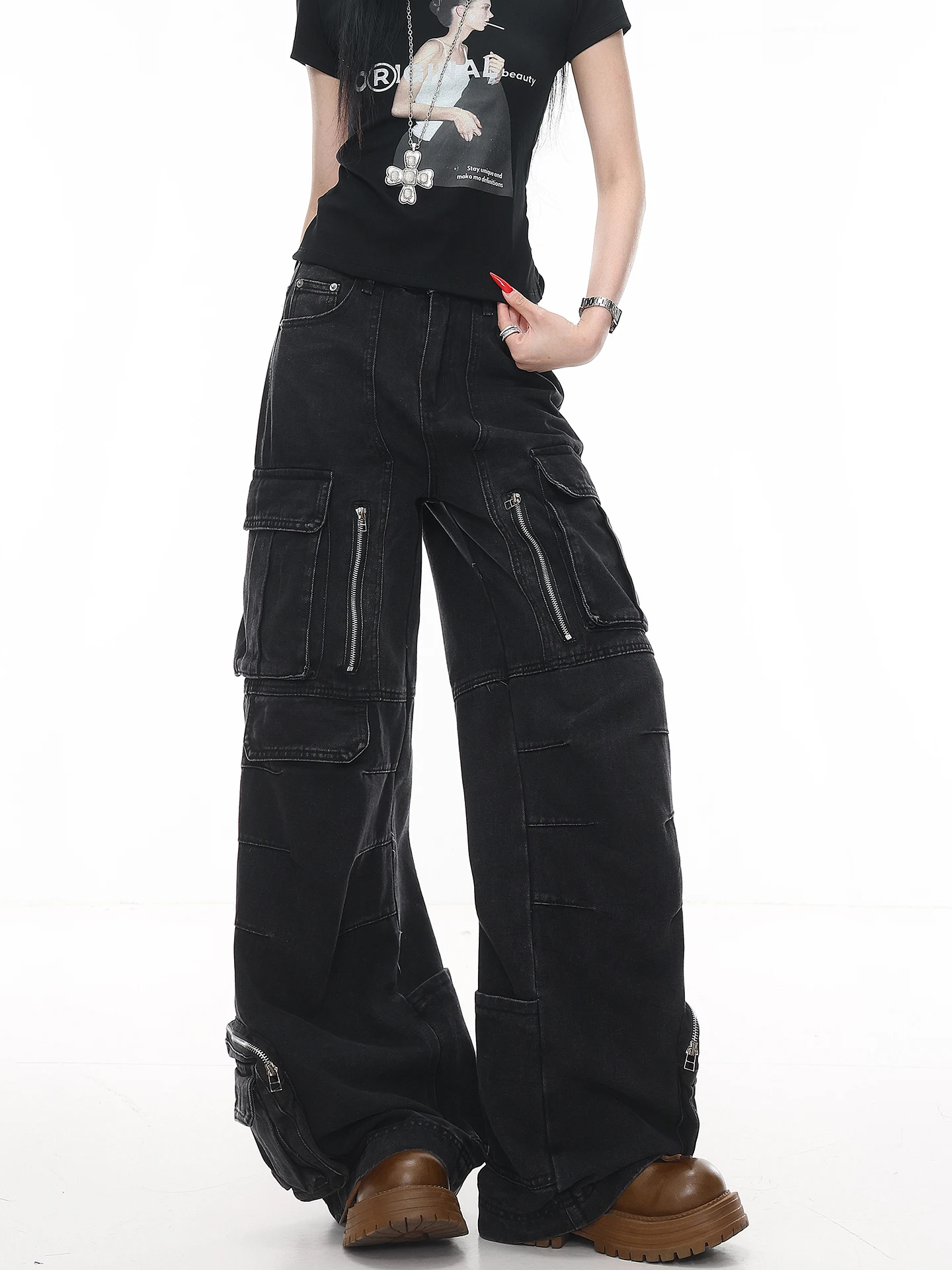 

Retro Washed Wide Leg Utility Jeans Women Loose Floor-Length Pants Multiple Pockets Design Spring Summer Casual Denim
