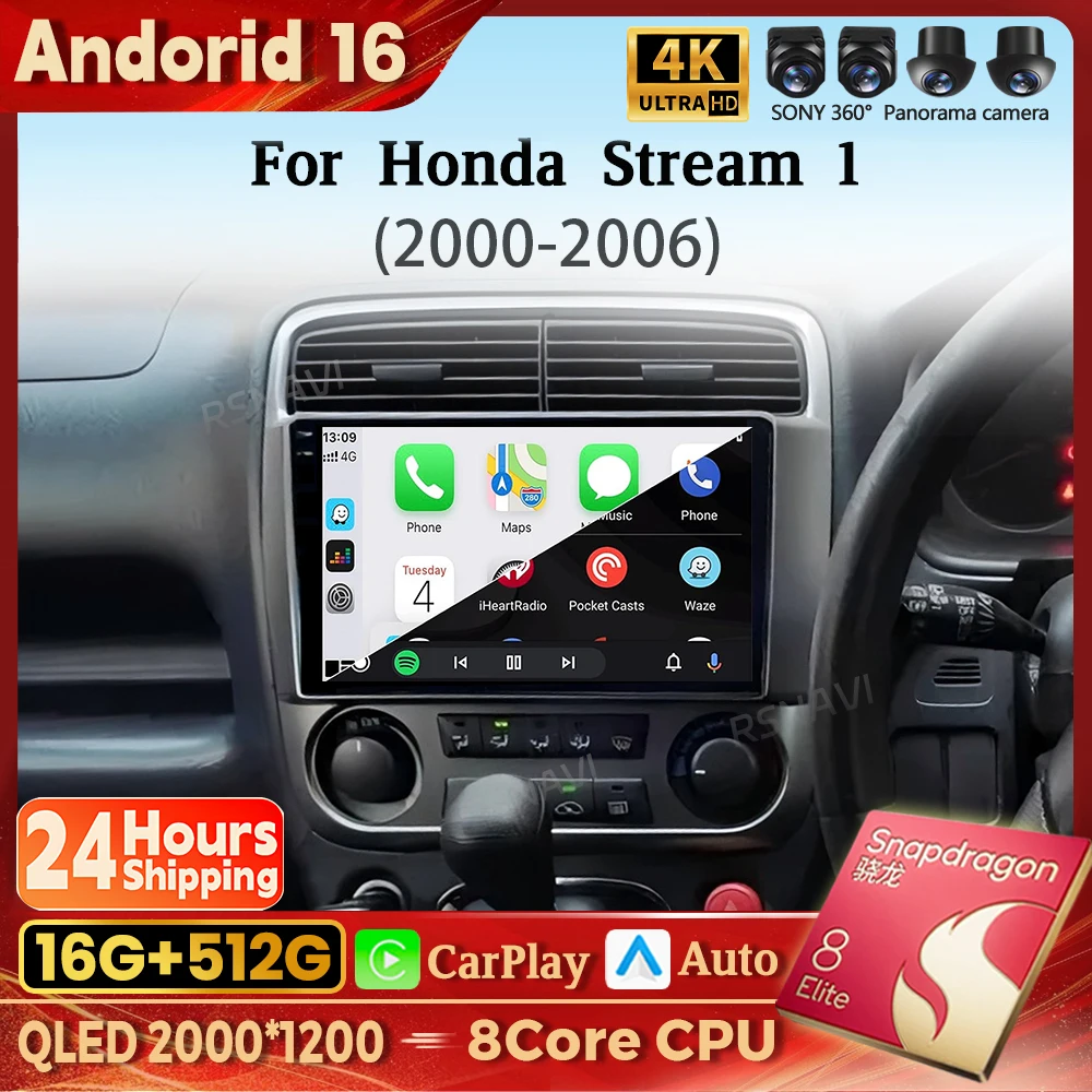 Android 16 wifi+4G Carplay AUTO Car Radio For Honda Stream 1 2001-2004 Navigation GPS Video Player Stereo Multimedia DVD HU