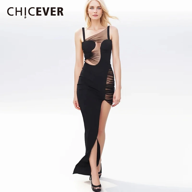 

CHICEVER Solid Camisole Dresses For Women Square Collar Sleeveless High Waist Patchwork Belt Hollow Out Mini Dresses Female New