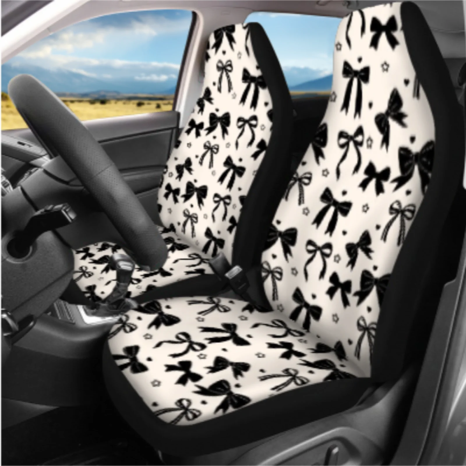 Coloranimal Black Bow 14 Pcs Auto Seat Covers Set with Long Lasting Car Armrest Box Cover and Cars Headrest Cover for Most Cars