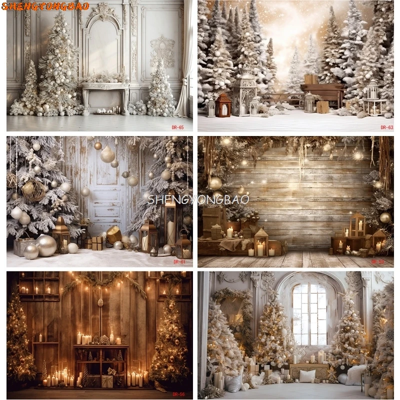 

SHENGYONGBAO Christmas Day Fireplace Photography Backdrops Prop Window Living Room Interior Village House Theme Background DR-02