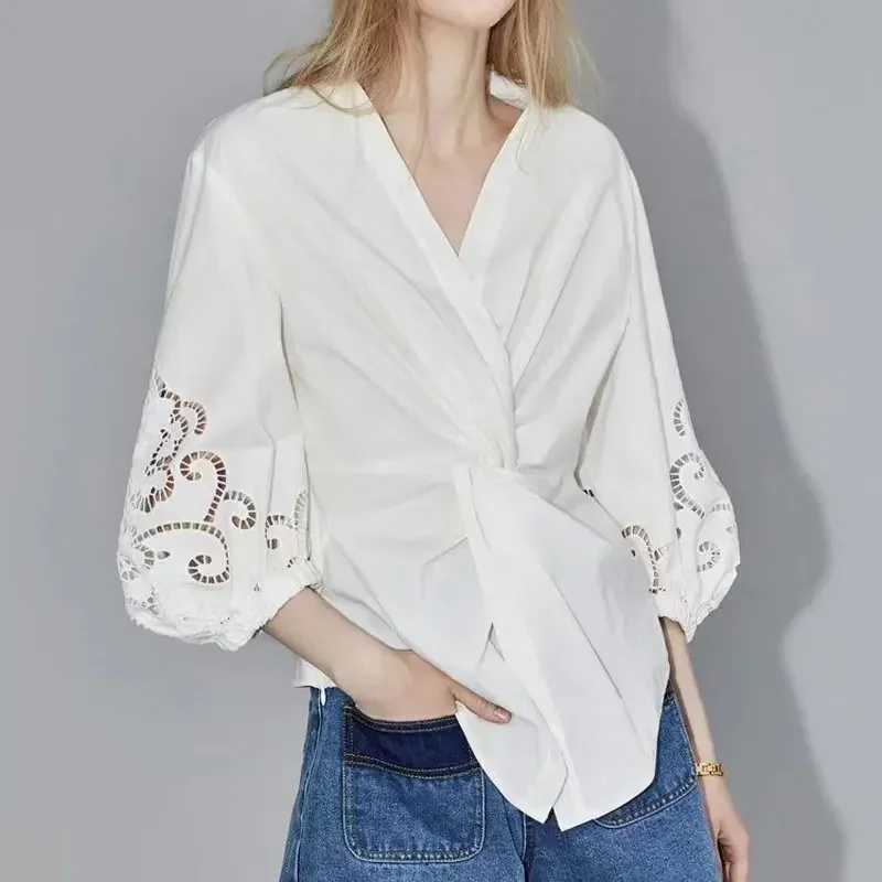 Elegant Vintage Embroidery Hollow Out Shirt Solid Color Women's Clothing Casual V-Neck Spring Summer Fashion Folds Waist Blouse