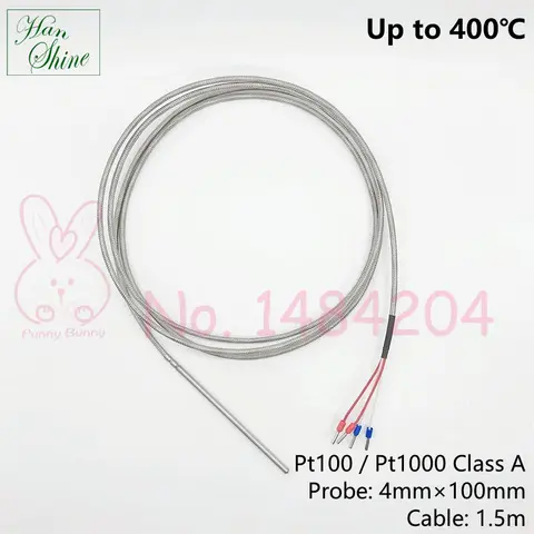 Class A Pt100  Pt1000 Up to 400°C Probe 4mm×100mm Temperature Sensor 4 Wire Fiberglass Stainless Steel Braided Cable 1.5 Meters