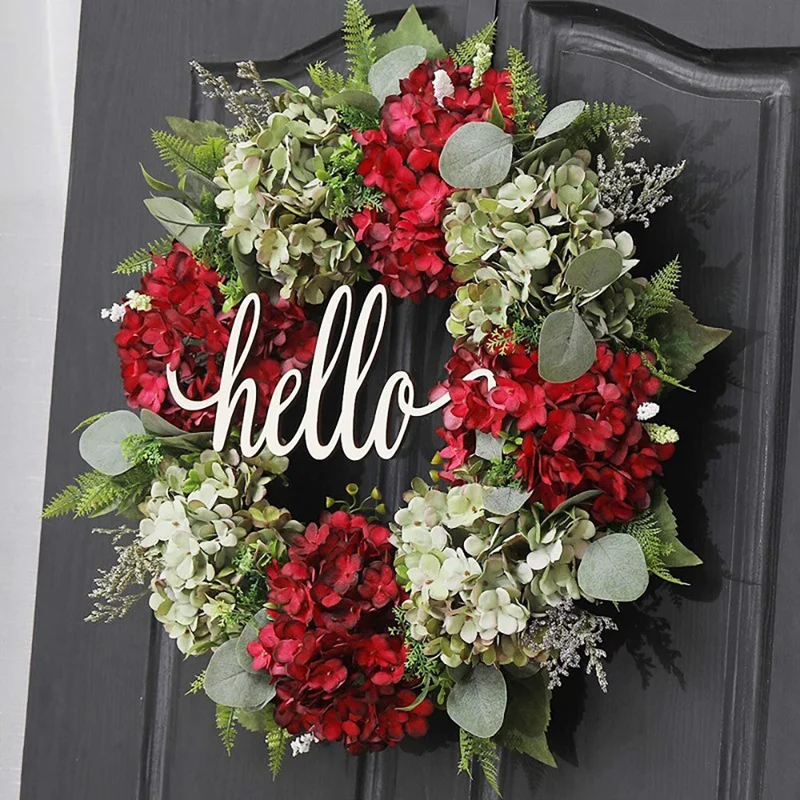 Corona para puerta delantera, corona de hortensia roja y blanca, corona hecha a mano, corona de Hello Farmhouse, primavera y verano