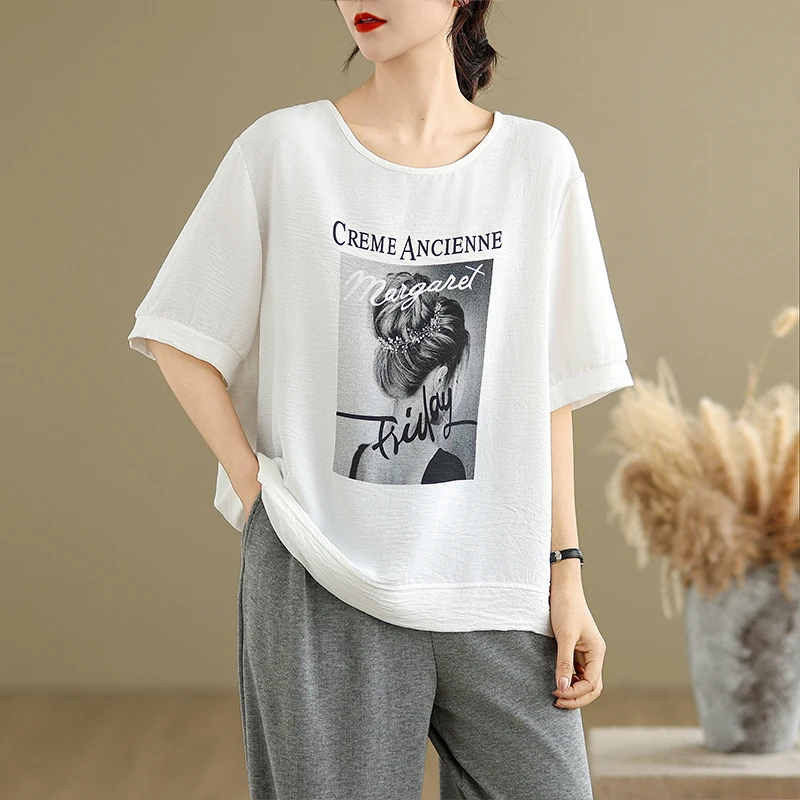 여름 캐주얼 루즈 라운드 넥 티셔츠 플러스 사이즈 컬러 코튼 프린트 여성용 편안한 통기성 캐주얼 티셔츠