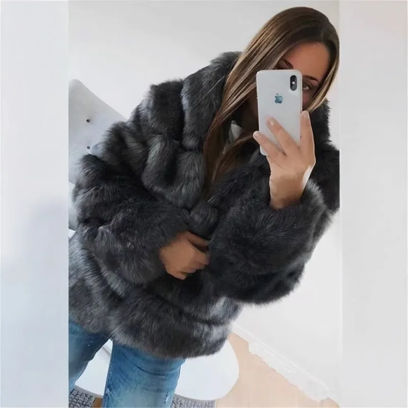 Hooded Faux Fox Fur Jacket Stripes Mid Long Women Plush Coat Solid Long Sleeves Fluffy Jackets Winter Streetwear Furry Cardigans