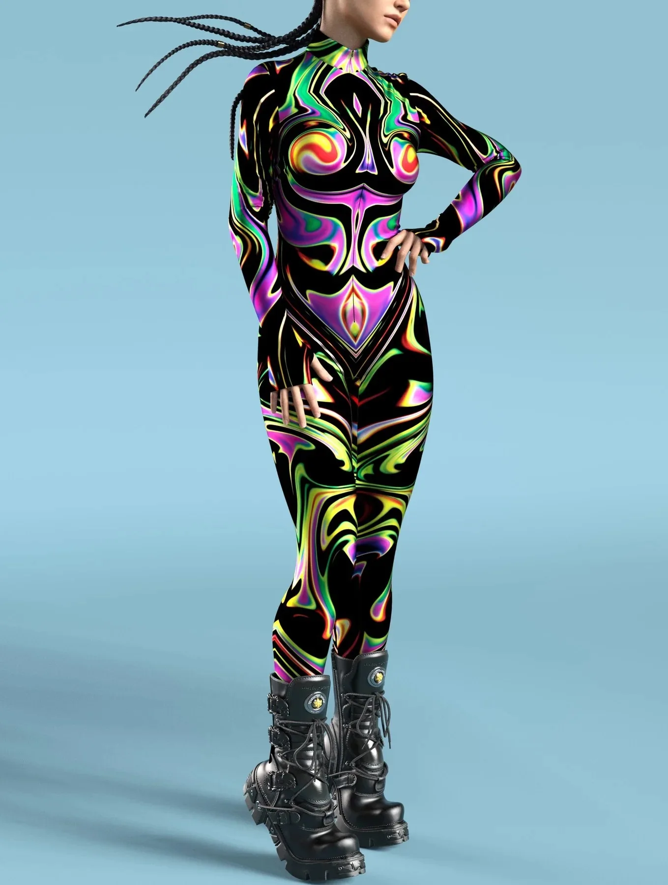 Damen Mehrfarbiger 3D-Druck Festtagsparty Regenbogen Sexy Enger Bodysuit Punk Cosplay Kostüm Performance Romper – Detail 14