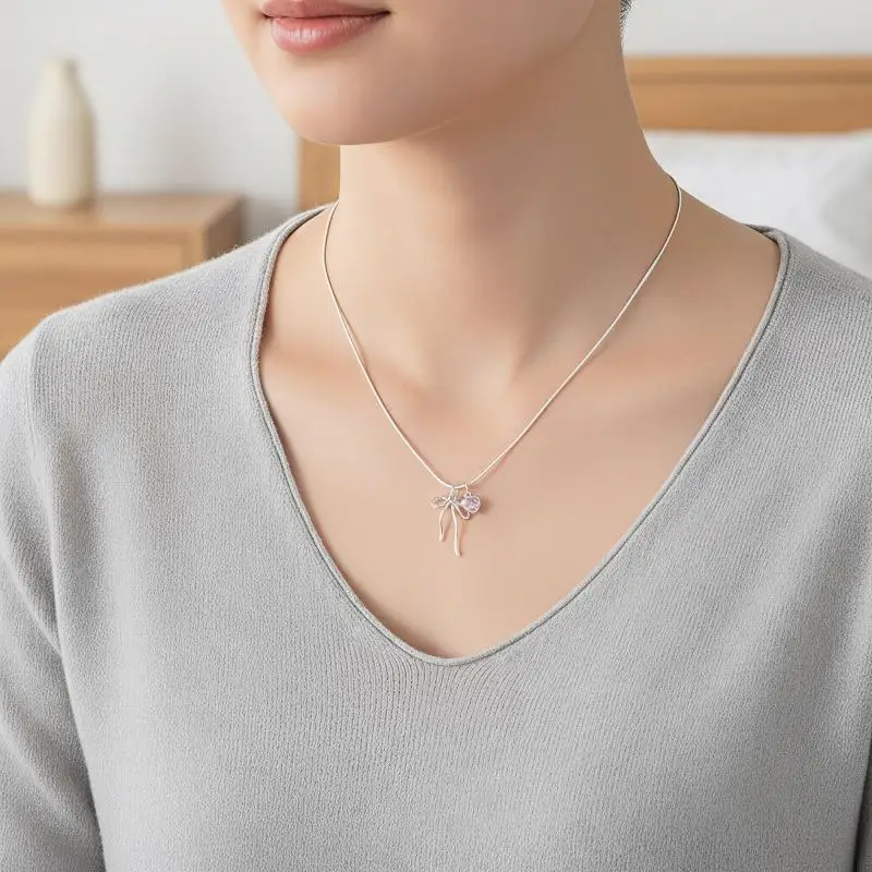 Rosa Zirkon-Schleifenanhänger-Halsketten für Frauen und Mädchen, süß, elegant, klassisch, schlicht, mit Persönlichkeit, Verlobungsschmuck, Geschenke – Detail 5
