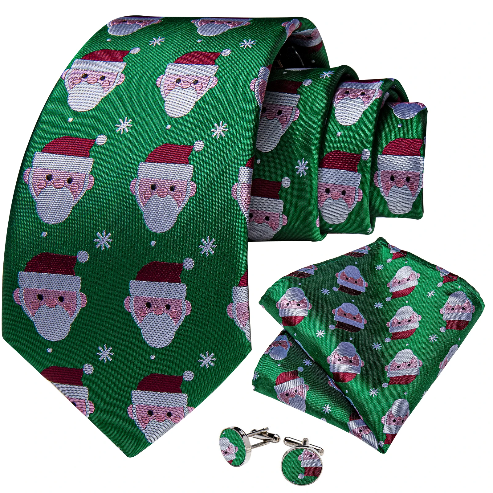 Christmas Cartoon Santa Claus Green Silk Ties for Men Pocket Square Cufflinks Lovely Famliy Party Men Accessories Gift Wholesale