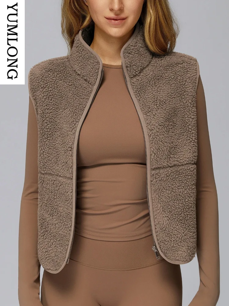 

Womens Stand Collar Fleece Lined Vest Sleeveless Zipper Front Outerwear Autumn Winter Running Sports Top Warm Outdoor Activewear