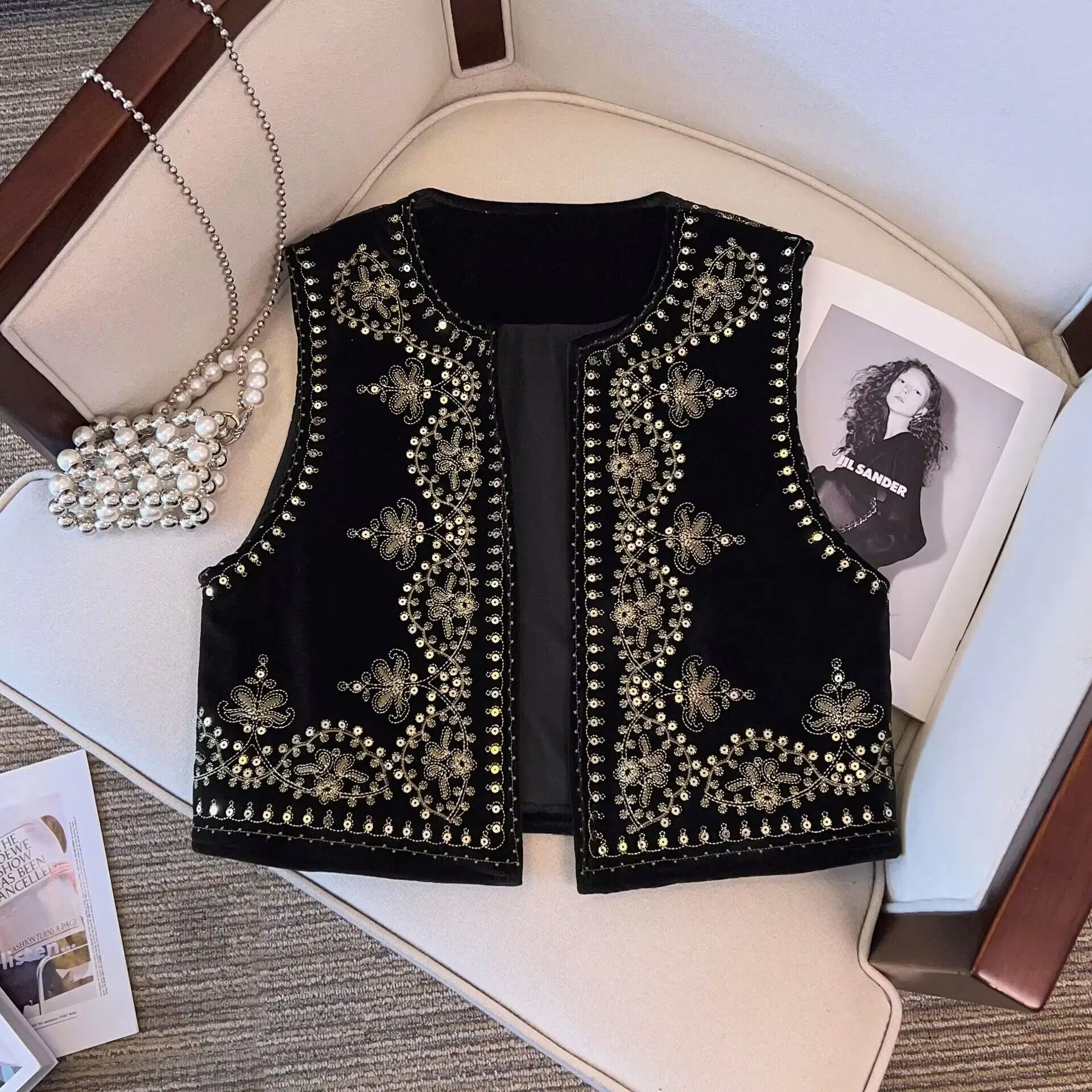 Retro Sequin Ethnic Embroidery Women's Vest with Skirt Black Open Cardigan Travel Style Short Length Street Fashion