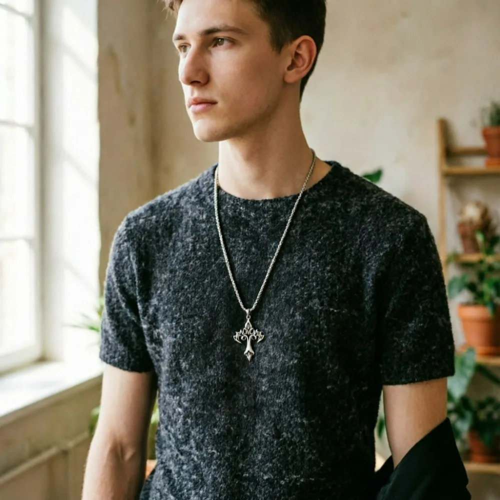 New Flame Retro Cross Titanium Steel Casting Men Women Pendant Necklace Sweater Chain Decoration Chain Jewelry Accessories