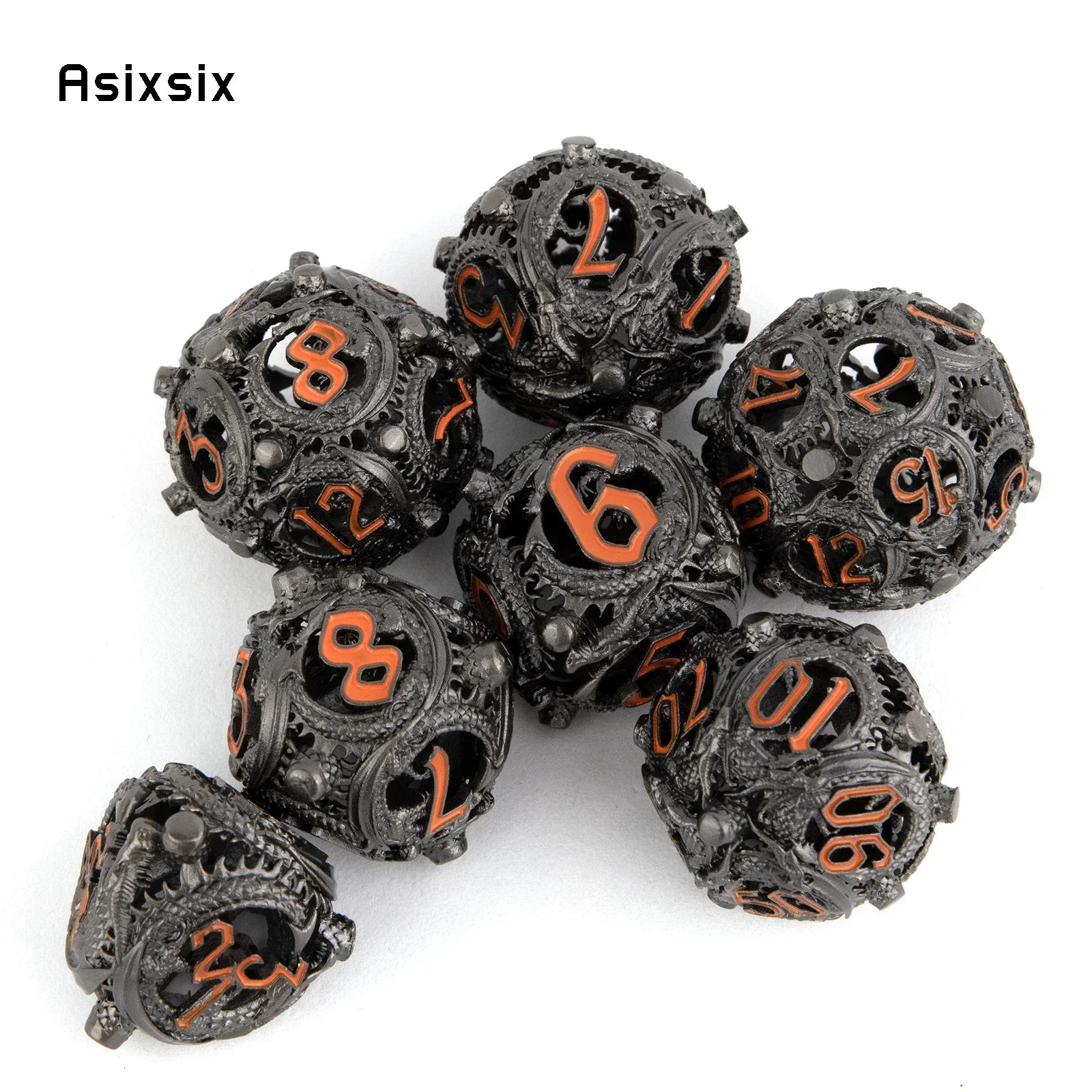 

7 Pcs Black Orange Circular Dragon Metal Dice Hollow Metal Polyhedral Dice Suitable For Role-Playing Dice PropBoard Game Gift