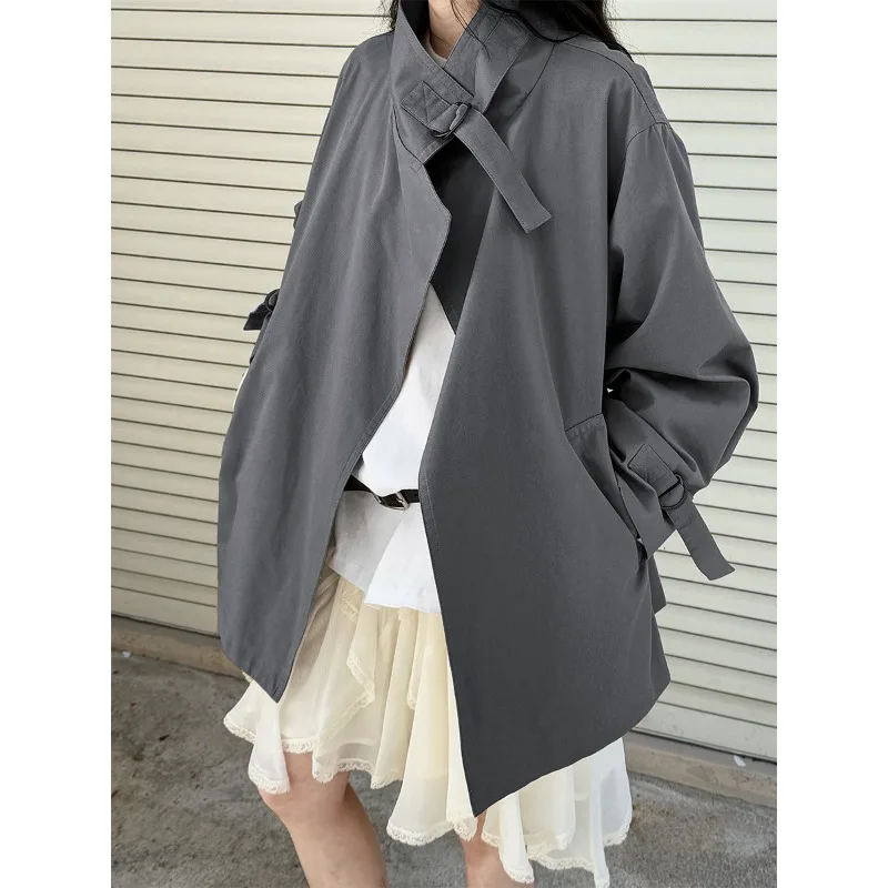 

2026 Stand Collar Women Windbreaker Spring Loose Short D-button Jacket Trench Jacket Solid Color Fashion Commute Women Clothing