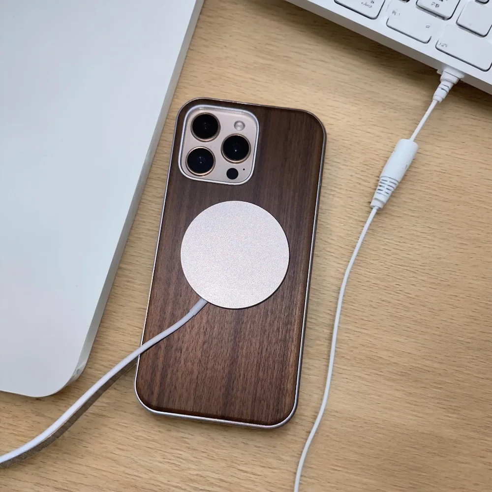 Back Walnut Wood Aluminum Alloy Phone Case for iPhone 16 15 14 13 Pro Max with Support Magnetic Charging
