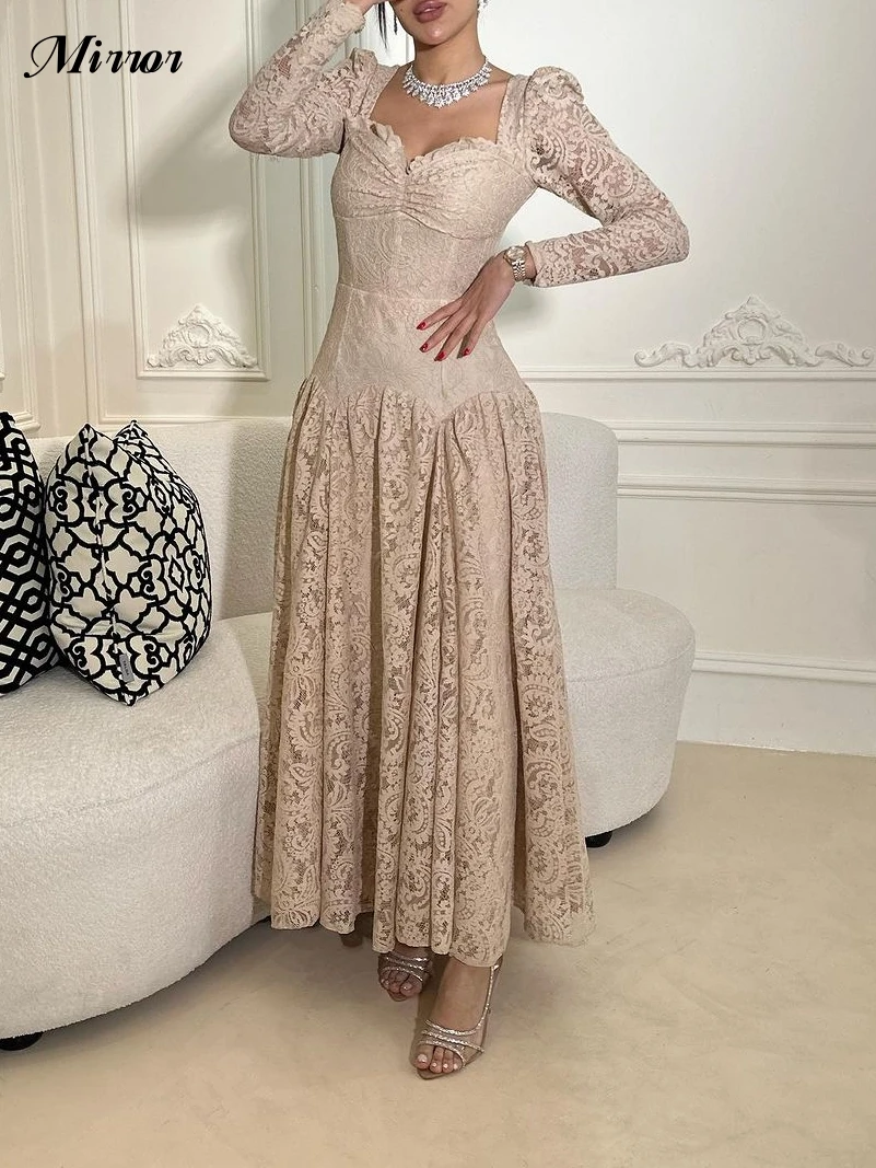 

Mirror Dress Elegant Vintage Sweet Champagne Lace Square Collar Customize Formal Occasion Prom Dress Evening Party Gowns