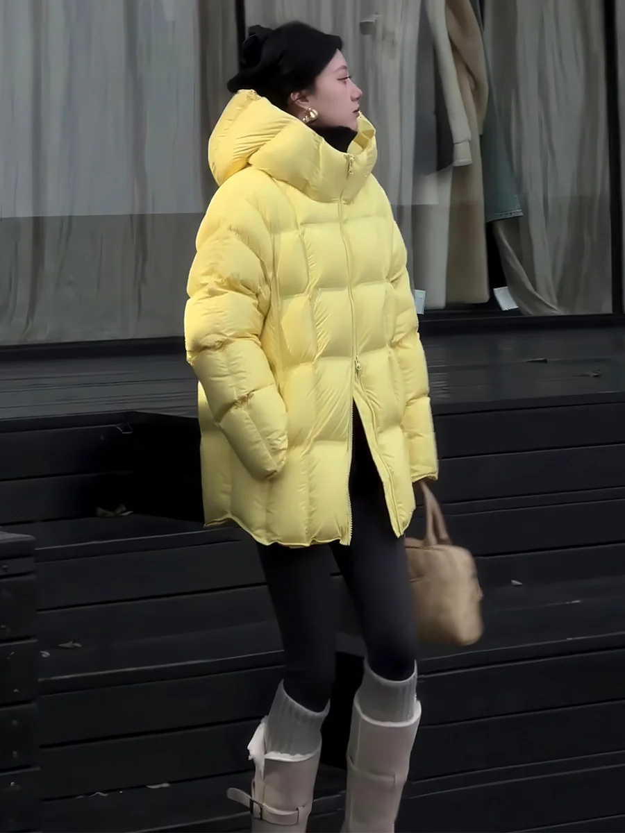 Jaet acolchado Faion de invierno para mujer, abrigo de plumón amarillo ultra cálido, cierre de cremallera largo, corte recto de longitud media