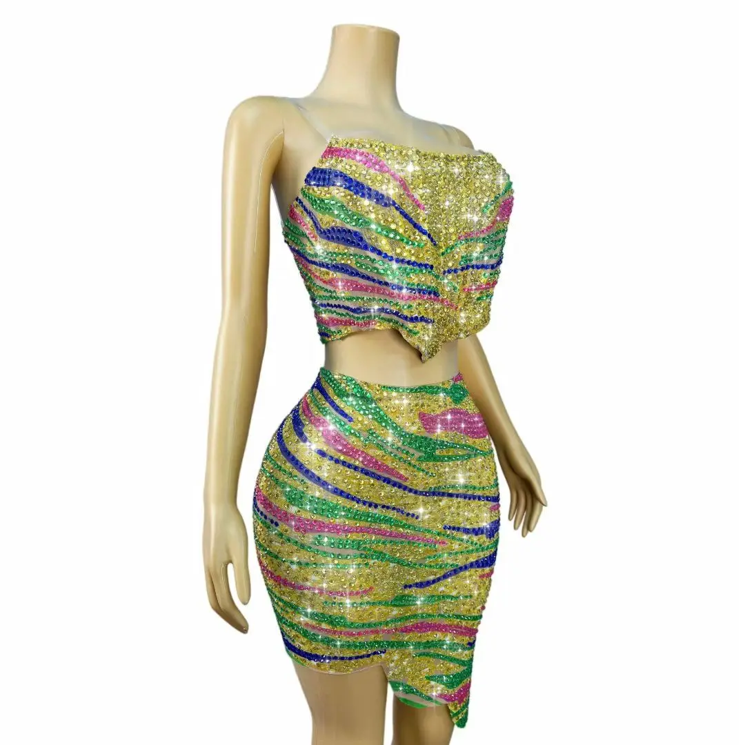 Caihen Elegant Green Pink Blue Yellow Striped Rhinestone Two Piece Mesh Outfit Tube Top Irregular Skirt Gala Club Outfit
