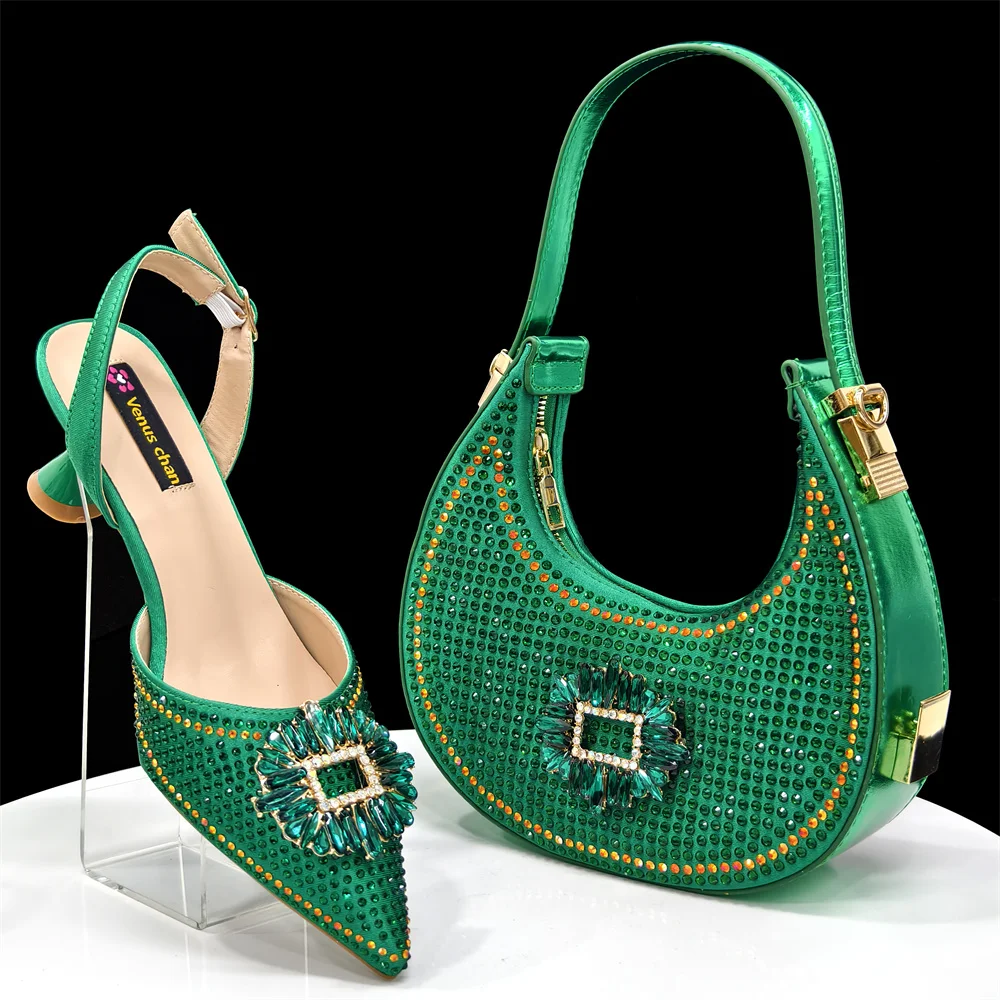 Elegant Green Color Shoe and Bag Set for Women - Rhinestone-Embellished Party and Wedding Accessories - Perfect for Nigeria